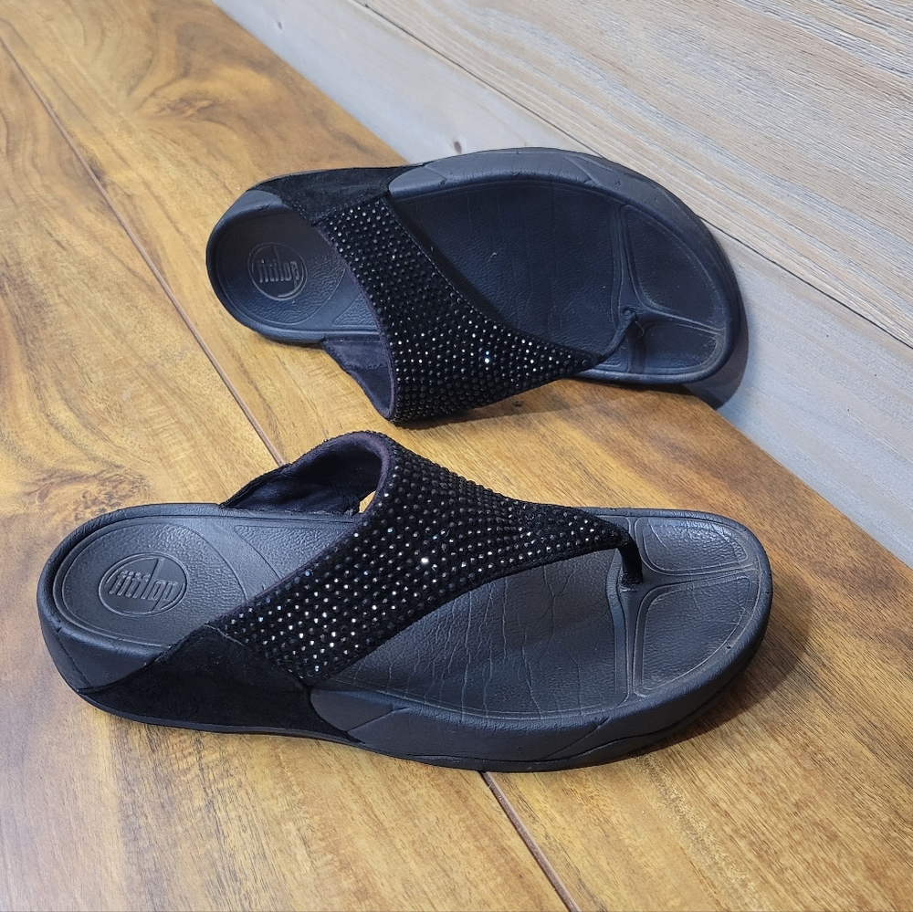 Fitflop Electra Women's Size 9 Black Sequin Toe Post Comfort Thong Sandals